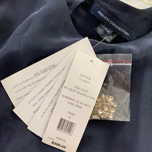 French Connection Womens 100% Silk and Gold Sequin Navy Blue Shift Dress Size 2 - Picture 7 of 8